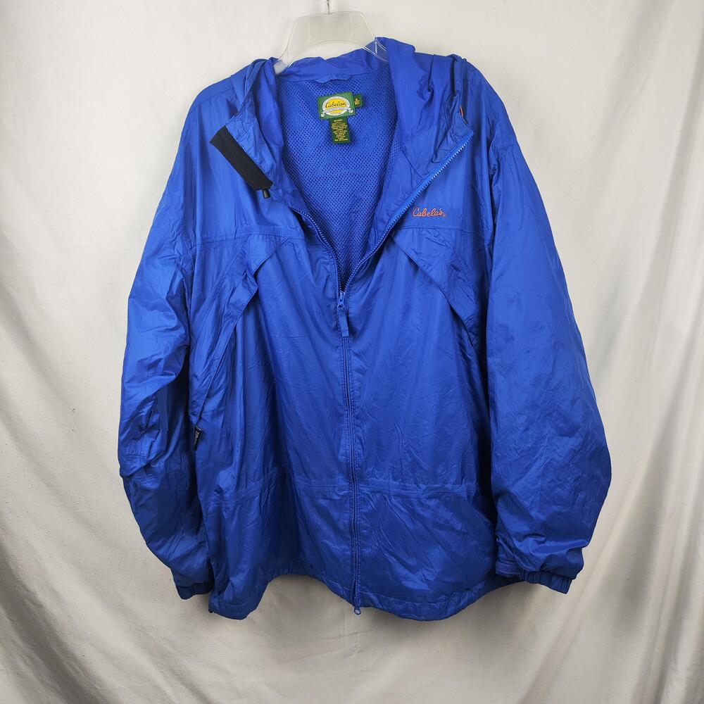 Cabela's Jacket Mens XL Blue Hooded Full Zip Packable Nylon Windbreaker Outdoor